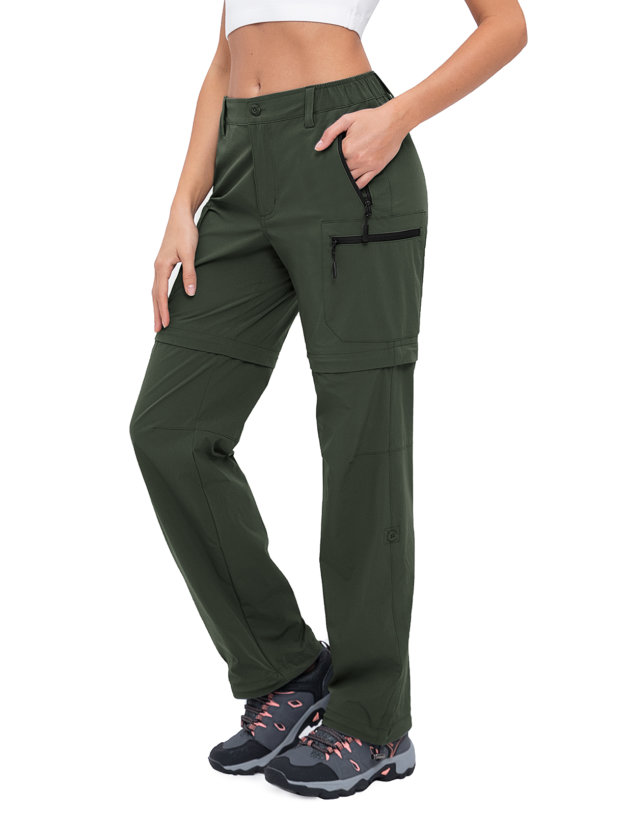 Hiauspor Convertible Pants for Women Zip off Cargo Hiking Capri Stretch Quick Dry Green XS